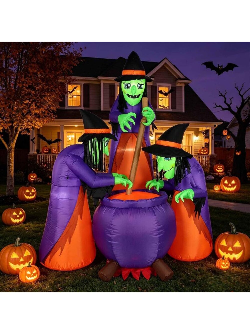 🎃6 FT Halloween Inflatables Three Witches Around a Cauldron with Built-in LEDs